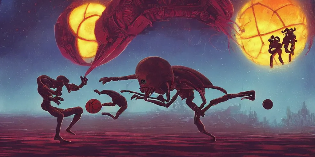 Prompt: digital illustration of a aliens doing mixed martial arts and basketball by paul lehr and chris moore and michael whelan, mix of styles, highly detailed, intricate, studio ghibli color scheme