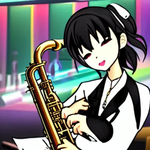 Prompt: danganronpa chiaki nanami playing the saxophone on stage in a low lit jazz bar,