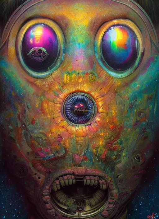 Prompt: close up sci - fi hippie lsd poster art simon stalenhag robot eyes, rainbow fur, elegant, highly detailed, centered, digital painting, concept art, smooth, sharp focus, illustration, artgerm, tomasz alen kopera, peter mohrbacher, donato giancola, joseph christian leyendecker, wlop, frank frazetta