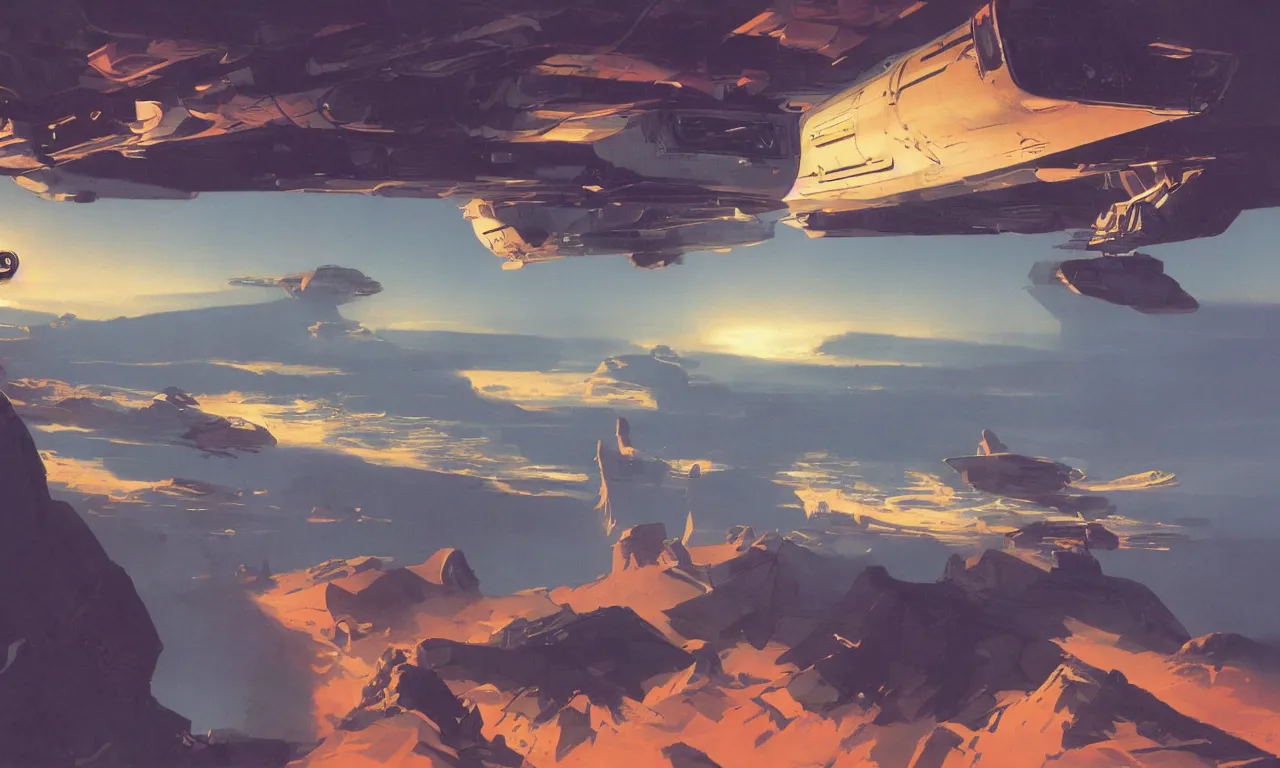 Image similar to Science-Fiction landscape high above clouds by Syd Mead, John Harris, Federico Pelat