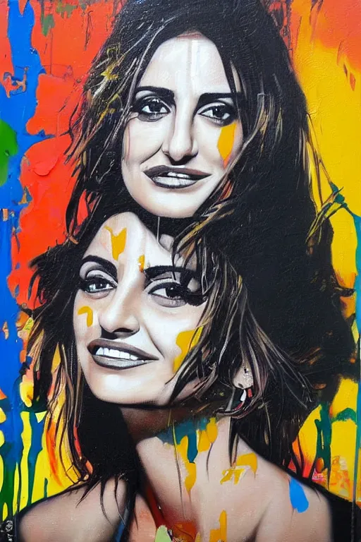 Image similar to oil painting, portrait of penelope cruz, wall with graffiti, splash painting, by bansky