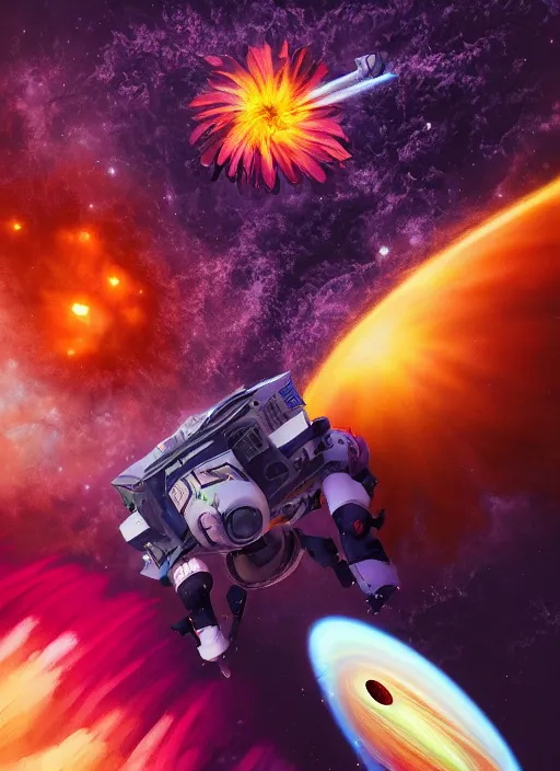 Image similar to An epic fantastic realism comic book style painting of the most beautiful flowers launched into space, bouquets, everything being pulled into a black hole, floral meteor, fisheye, unreal 5, DAZ, hyperrealistic, octane render, dynamic lighting