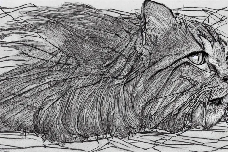 Image similar to gigachad cat, highly detailed sketch, line art, by frank lloyd wright