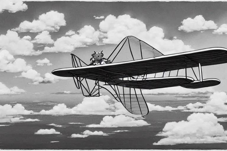 Image similar to black and white cat flying biplane over a tropical archipelago, morning sunrise, clouds, beautiful, studio ghibli, art by hayao miyazaki, makoto shinkai