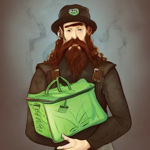 Image similar to a bearded and long haired bicycle food delivery worker with a green bag on his back in ireland, he has boots, by Artgerm, fantasy epic digital art, trending on Artstation