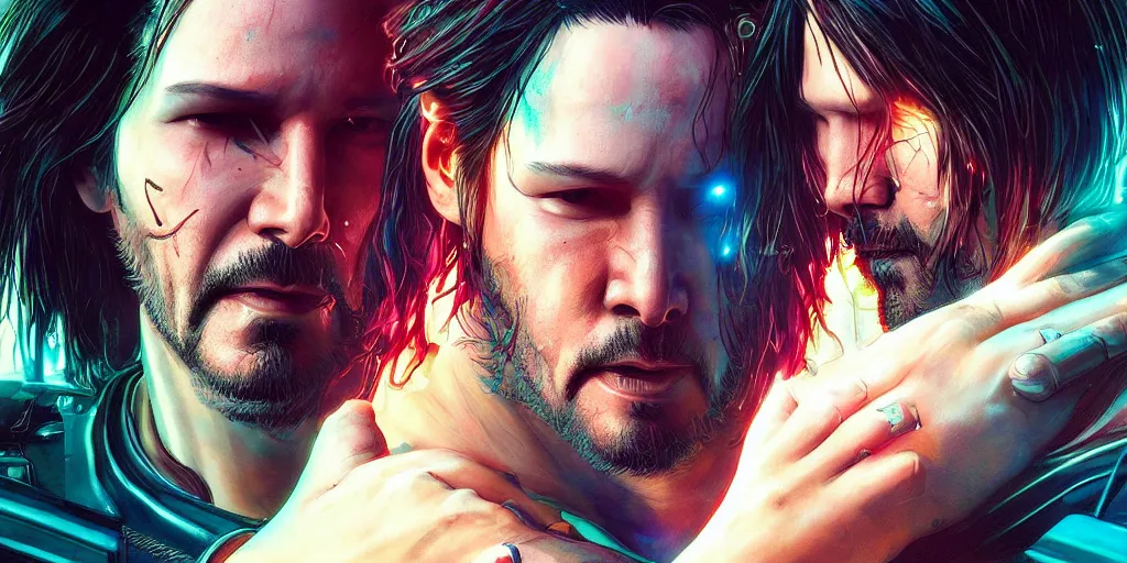 Prompt: a cyberpunk 2077 srcreenshot couple portrait of Keanu Reeves and V final kiss,love,film lighting,by Laurie Greasley,Lawrence Alma-Tadema,Andrei Riabovitchev,Dan Mumford,John Wick,Speed,Replicas,artstation,deviantart,FAN ART,full of color,Digital painting,face enhance,highly detailed,8K,octane,golden ratio,cinematic lighting