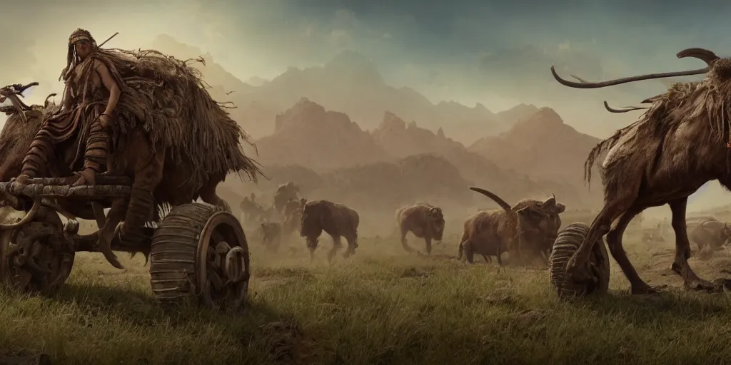 Image similar to photo of an ancient tribesman on ancient atv with big wooden wheels, hunting panicked buffalo herd ,attacking, wild chase, action scene, an epic fantasy, dramatic lighting, cinematic, establishing shot, extremely high detail, photorealistic, cinematic lighting, artstation, octane render, by simon stalenhag, horizon forbidden west,old photo, high speed photography, vintage