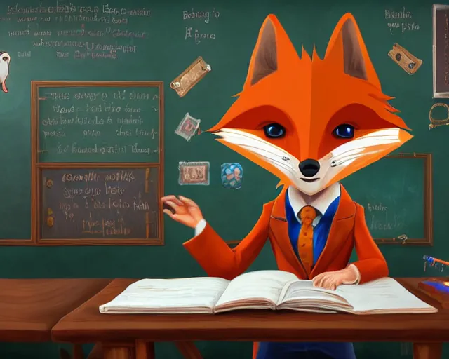 Image similar to award - winning extremely detailed fantasy art of a cute male anthropomorphic vulpes vulpes fulva teacher wearing suit working at a school, 4 k cinematic still, dramatic lighting