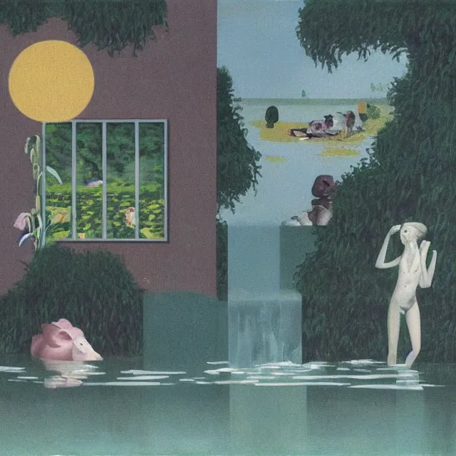 Image similar to painting of flood waters inside an apartment, emo catgirl art student, a river flooding inside, taps with running water, tangelos, zen, pigs, ikebana, water, river, rapids, waterfall, black swans, canoe, pomegranate, berries dripping, acrylic on canvas, surrealist, by magritte and monet