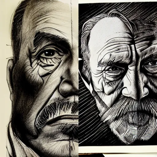 Prompt: portait of old man, studio light, realistic, ink, line drawing, sketch, fineart