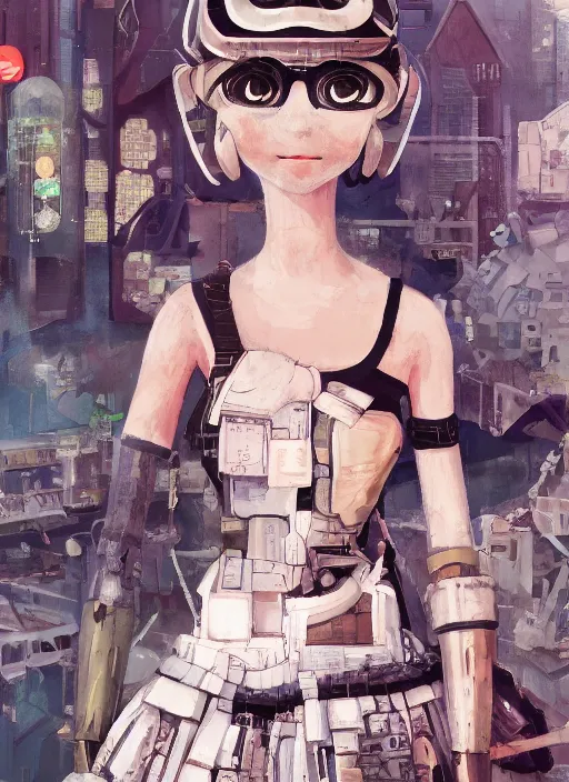 Image similar to a gouache painting in the style of nier automata, by hikari shimoda, ilya kuvshinov, yoshitaka amano, by shaun tan, by good smile company, a detailed 3 d render of audrey hepburn as an android, portrait, cgsociety, artstation, a modular costume and headpiece, action adventure scene