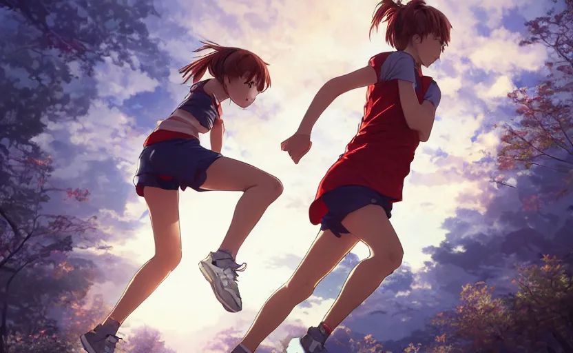 Prompt: anime style, a girl is running, red sport clothing, marathon, brown short hair, hair down, symmetrical facial features, from arknights, hyper realistic, rule of thirds, extreme detail, detailed 4 k drawing, safebooru, realistic lighting, by alphonse mucha, greg rutkowski, sharp focus, backlit