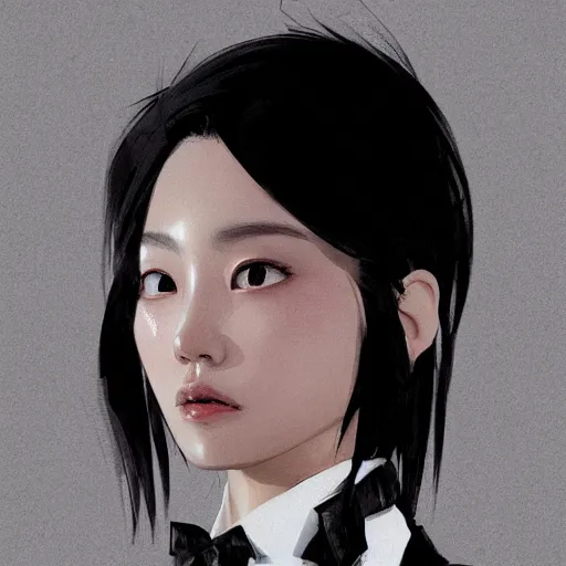 Prompt: portrait of a beautiful korean girl wearing a men's tuxedo, with short messy hair, men's haircut, angular features, angry expression, dramatic lighting, illustration by Greg rutkowski, yoji shinkawa, 4k, digital art, concept art, trending on artstation