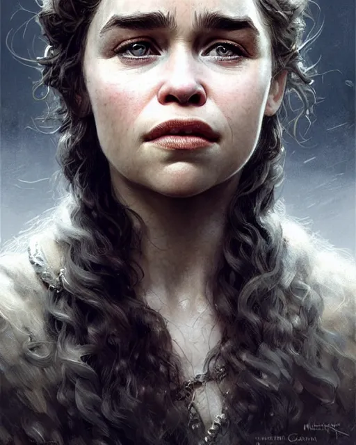 Prompt: emilia clarke pretty, character portrait, portrait, close up, concept art, intricate details, highly detailed by greg rutkowski, michael whelan and gustave dore