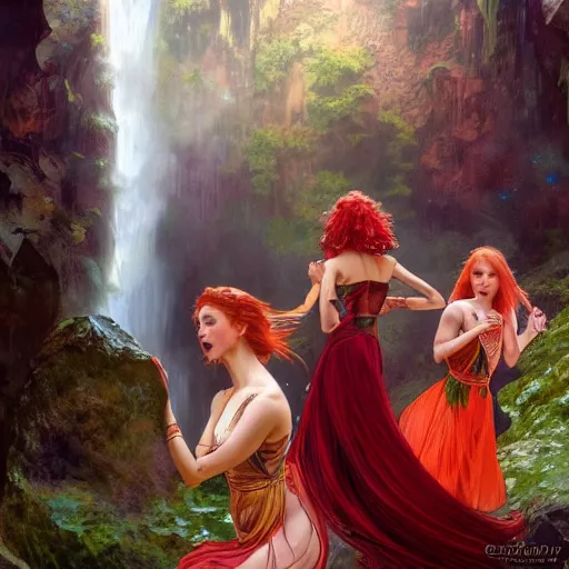 Image similar to an extremely detailed portrait of four polyamorous red haired vampire queens wearing bright multi colored dresses and dancing in a cave behind a waterfall, epic fantasy, viewed in profile from far away, sharp focus, detailed face, art by greg rutkowski and alphonse mucha, volumetric lighting, 4 k resolution, trending on artstation, masterpiece