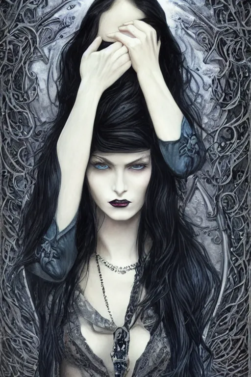 Image similar to a beautiful woman with long black hair, blue eyes, gothic, intricate, elegant, dramatic lighting, gorgeous face, black leather jacket, highly detailed, lifelike, photorealistic, digital painting, artstation, illustration, concept art, smooth, sharp focus, art by John Collier and Albert Aublet and Krenz Cushart and Artem Demura and Alphonse Mucha