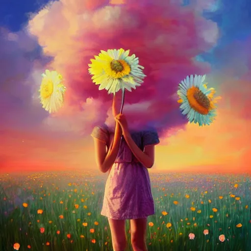 Prompt: girl with a giant daisies head, surreal photography, flower field, sunset dramatic light, impressionist painting, colorful clouds, blue sky, digital painting, artstation, simon stalenhag