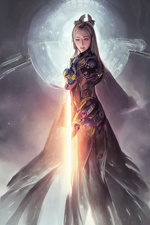 Prompt: beautiful cyborg priestess, scifi, perfect face, futuristic, elegant cape, aura of light, glow, drakengard, xianxia, concept art, decorations, sharp focus, inside a space ship, trending on artstation, hwang se - on, intricate, advanced technology, art by roman makarenko