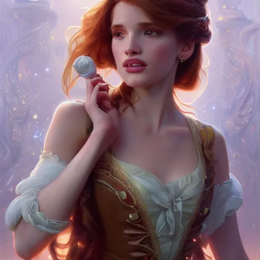 Image similar to ultra realistic illustration, bella thorne as belle from beauty and the beast, intricate, elegant, highly detailed, digital painting, artstation, concept art, smooth, sharp focus, illustration, art by artgerm and greg rutkowski and alphonse mucha