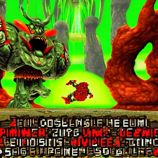 Prompt: bossfight against the flyagaric King, doom perspective, nintendo 64 style