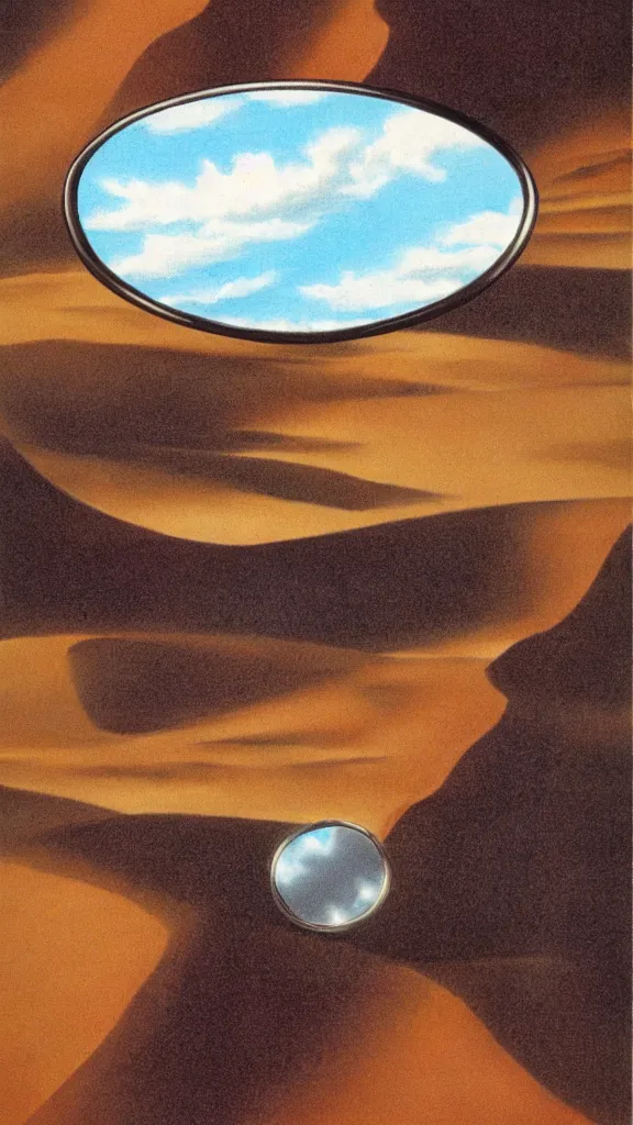 Prompt: 1 9 8 0 s airbrush surrealism illustration of a mirror in desert