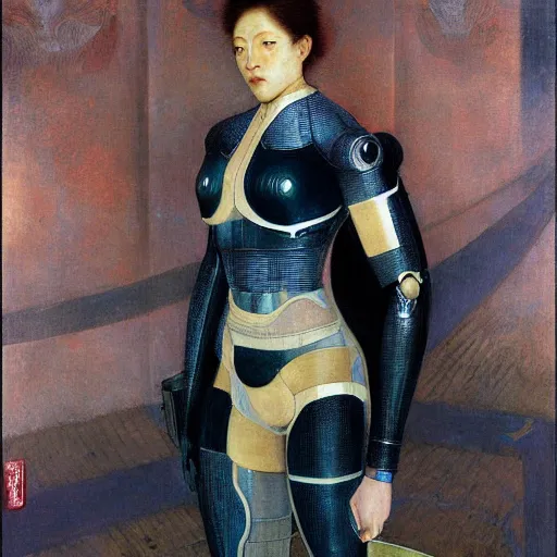 Image similar to masterpiece full body portrait cyborg woman in Tokyo,, by Edgar Maxence and Ross Tran and Michael Whelan and Gustav Klimpt