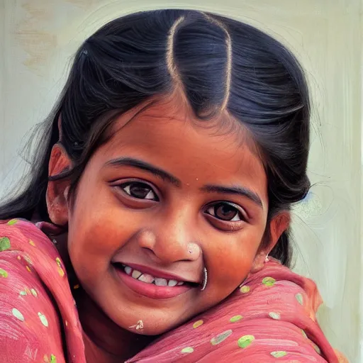 Image similar to high quality high detail painting by lucian freud, hd, smiling cute indian girl portrait, photorealistic lighting