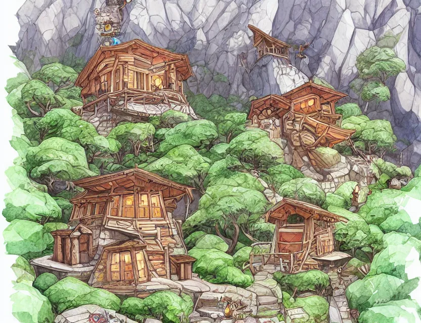 Prompt: cute and funny, a magicians cabin carved into a mountain, centered award winning watercolor pen illustration, isometric illustration by chihiro iwasaki, edited by range murata, tiny details by artgerm and watercolor girl, sharply focused