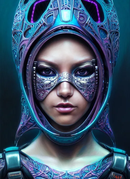 Image similar to closeup portrait shot of cyber a beautiful girl wearing a bandana mask in a scenic dystopian neon environment, intricate, elegant, highly detailed, centered, digital painting, artstation, concept art, smooth, sharp focus, illustration, artgerm, tomasz alen kopera, peter mohrbacher, donato giancola, joseph christian leyendecker, wlop,