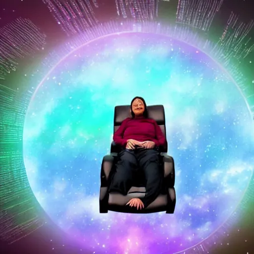 Image similar to community acupuncture recliner chair and person receiving acupuncture, floating in space, galactic background with cosmic rays, chill, dramatic lighting