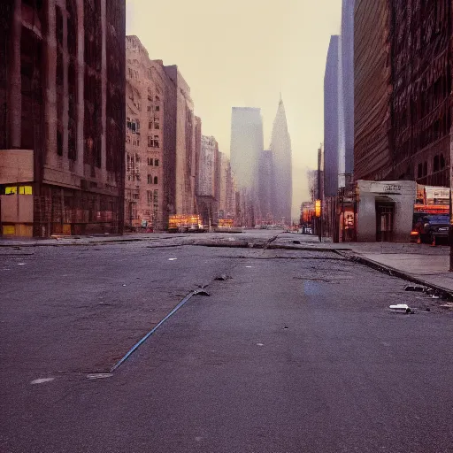 Image similar to color photograph, highly detailed abandoned New York city street at night after the war between humans and AIs, film grain, soft vignette, sigma 85mm f/1.4 1/10 sec shutter, film still promotional image, IMAX 70mm footage