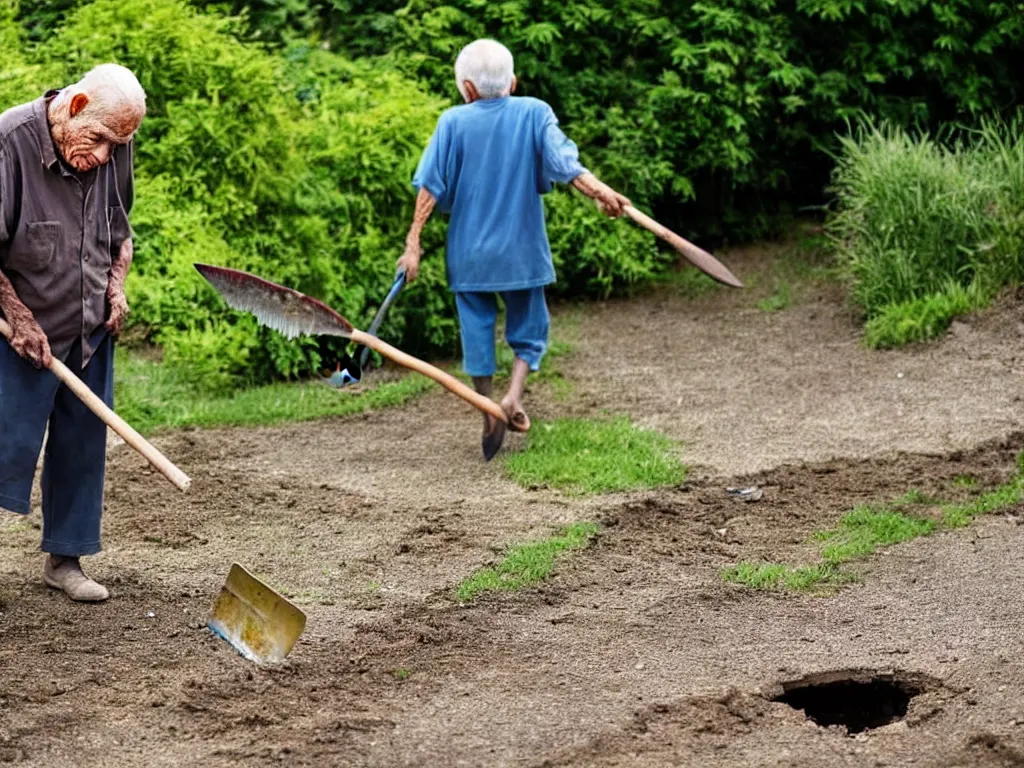 Image similar to old man appears carrying a shovel. he's also carrying a fish. then i remember, the fish in the pond died yesterday, and he's going to bury it. old woman had seen the neighbour burying their pet cat and thought that it was the thing to do.