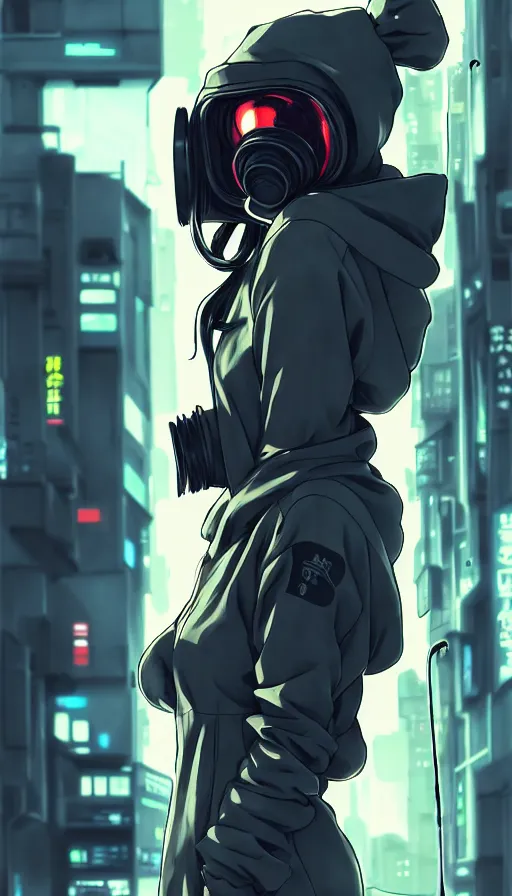 Image similar to cyberpunk anime girl in hoodie, cyberpunk gas mask, 3 / 4 shot, street night, grafity, beautiful face, grafity, arcane, action, tokyo street, detail, good face, pose model, concept art, in style of yoji shinkawa, pan ren wei, col price, atey ghailan, by greg rutkowski, aesthetic