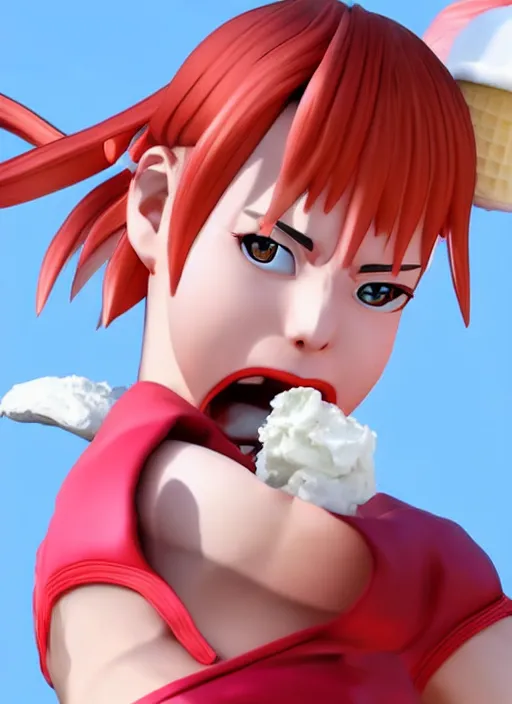 Prompt: 3D render of Sakura from Street Fighter eating an ice cream cone