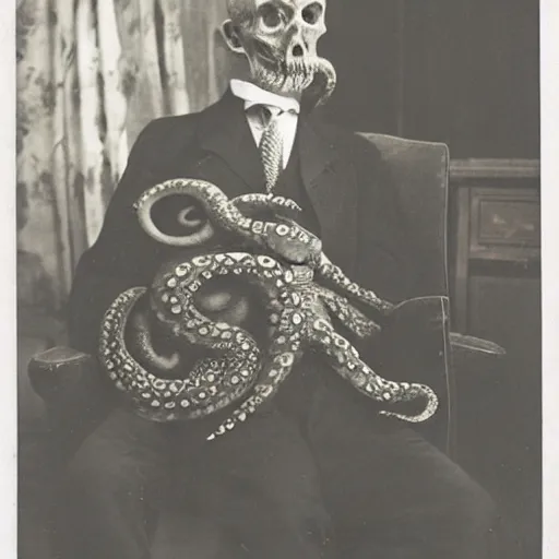 Image similar to spooky old man with an octopus on his lap, vintage photograph, atmospheric