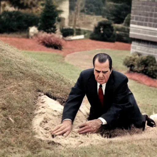 Prompt: president richard nixon crawling out of a grave. photograph. high quality. low angle