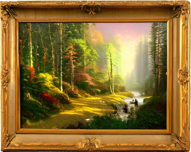 Prompt: an oil painting by thomas kinkade of a swedish forest in the morning