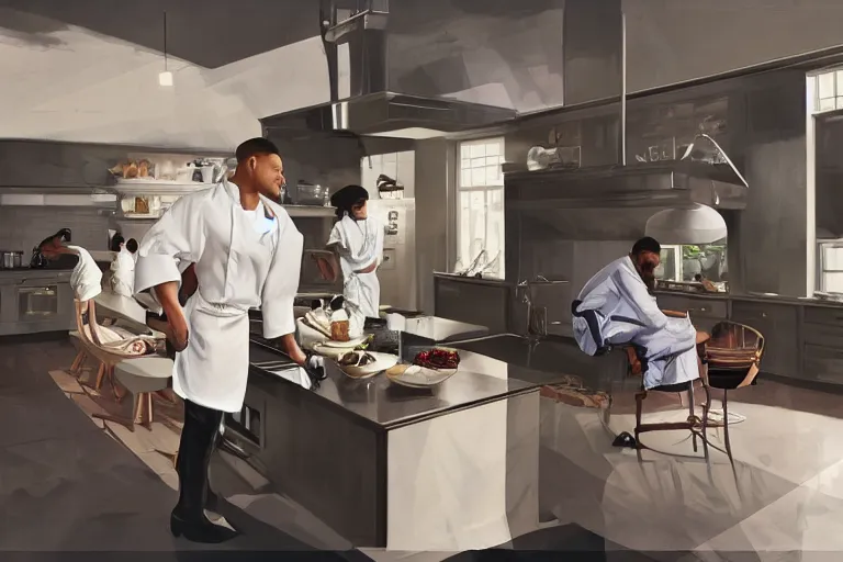 Image similar to chef will smith cooking in a decadent kitchen, natural light. by Ilya kuvshinov and Jason Fabok