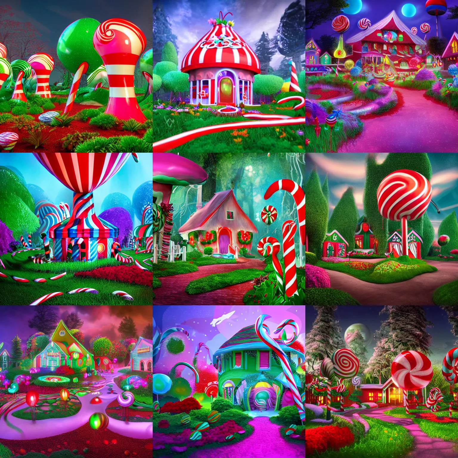 Prompt: A candycane house in a dark candy forest, giant lollipops, gumdrop bushes, colorful flowers, exotic alien flora, dramatic illumination, hyperrealistic unreal engine, candyland theme, digital art, artstation