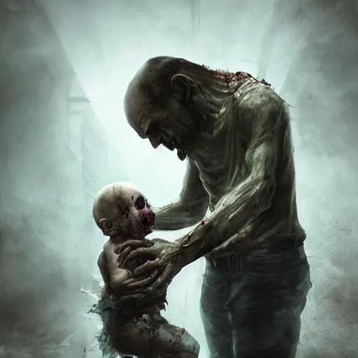 Prompt: The necromancer changes the diaper of his zombie baby, dramatic lighting, cinematic, establishing shot, extremely high detail, foto realistic, cinematic lighting, post processed, concept art, high details, cinematic, 8k resolution, beautiful detailed, photorealistic, digital painting, artstation, concept art, smooth, sharp focus, artstation trending, octane render, unreal engine