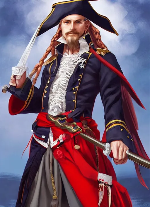 Image similar to a pirate king, old - trimmed uniform with a red sash around his waist, stern expression, blue eyes. portrait. sun rays. hd, 8 k. anime. final fantasy concept art. artwork by wen yu li, art by wen yu li.