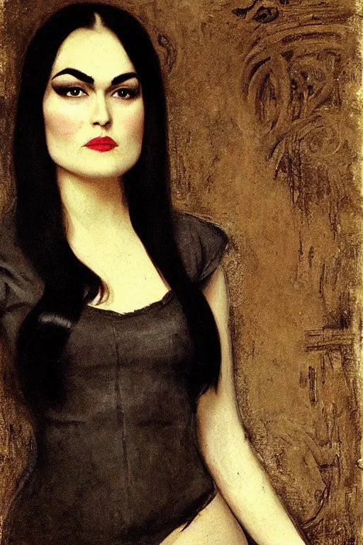 Image similar to upper body portrait sasha grey as morticia addams by alfred stevens