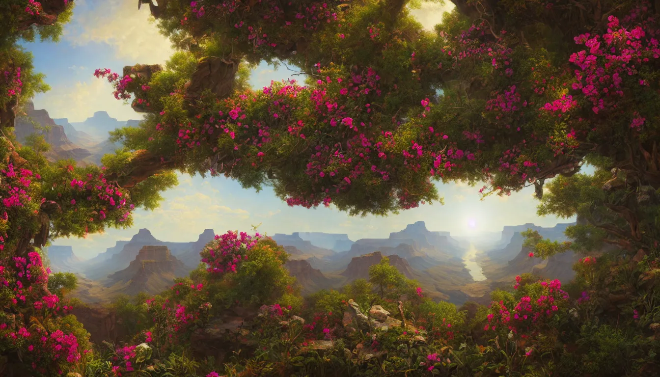 Prompt: An epic fantastic realism comic book style painting of the most beautiful flowers raining from the skies over the Grand Canyon, fisheye lens, painted by the Hudson River school, unreal 5, DAZ, hyperrealistic, octane render, dynamic lighting