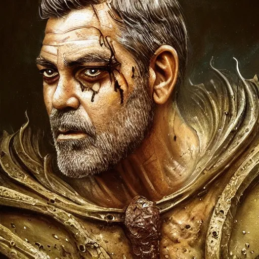 Image similar to closeup portrait shot of george clooney as nurgle, the lord of pestilence, the plaguefather, great corrupter, decay, highly detailed, digital painting, artstation, concept art, soft focus, depth of field, artgerm, tomasz alen kopera, peter mohrbacher, donato giancola, wlop, boris vallejo