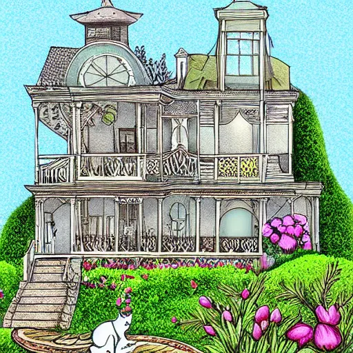 Prompt: detailed victorian house with cats, plants, balcony, grass, on the beach, extremely detailed, cottagecore, illustration