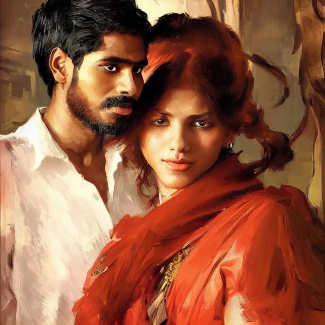 Image similar to book cover for a tamil man and red headed spanish girl portrait, elegant, intricate, digital painting, artstation, concept art, smooth, sharp focus, illustration, art by konstantin korovin and daniel f. gerhartz and john howe