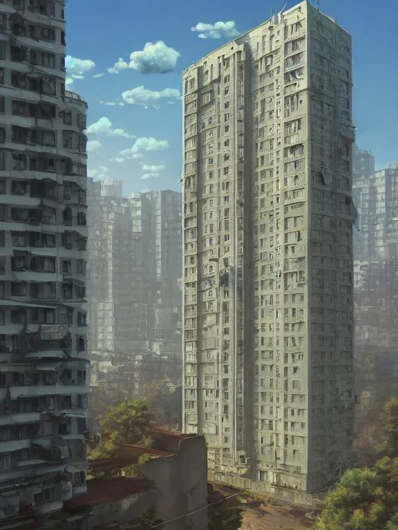 Image similar to A highly detailed matte painting of Soviet apartment building by Studio Ghibli, Makoto Shinkai, by Artgerm, by WLOP, by Greg Rutkowski, volumetric lighting, octane render, 4K resolution, trending on artstation, masterpiece