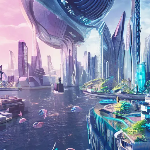 Image similar to an expansive futuristic cityscape underwater