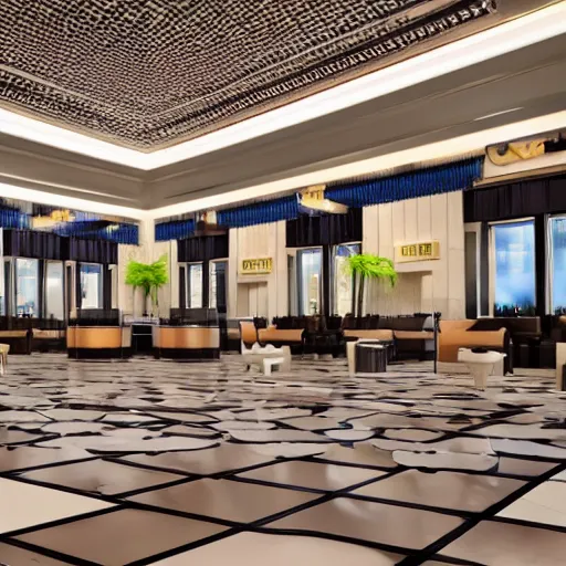 Prompt: wide angle view of an elegant metro hotel lobby, modern anime style, official anime still