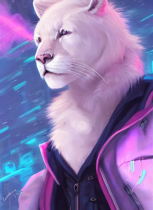 Image similar to award winning beautiful portrait commission of a male furry anthro albino mountain lion fursona with a tail and a cute beautiful attractive detailed furry face wearing stylish cyberpunk clothes in a cyberpunk city at night while it rains. Blue and pink. Character design by charlie bowater, ross tran, artgerm, and makoto shinkai, detailed, inked, western comic book art